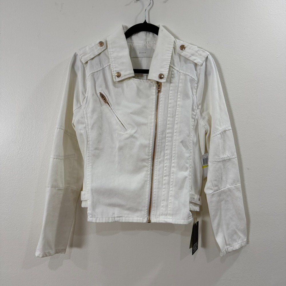 BlankNYC Jacket Womens Medium White Denim Moto Zip‎ Sleeves NWT